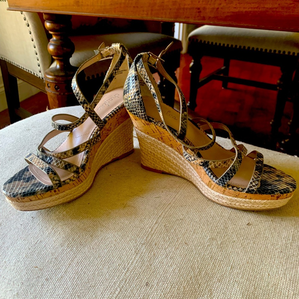 Faux snake skin ankle wedges